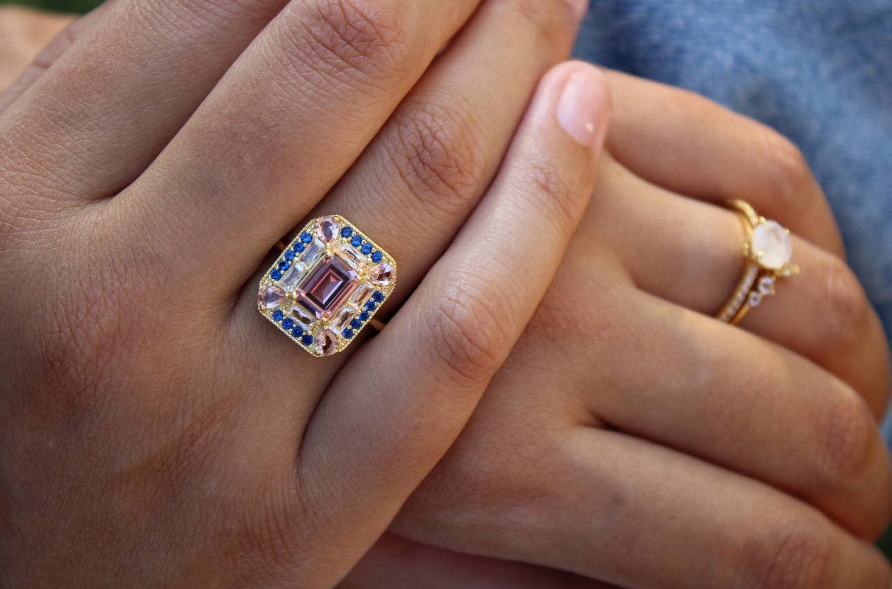 Vivian Grace Jewelry - Wholesale Cocktail/Statement Ring - Sapphire Morganite Art Deco Cocktail Ring- Lab Created Gemstones5