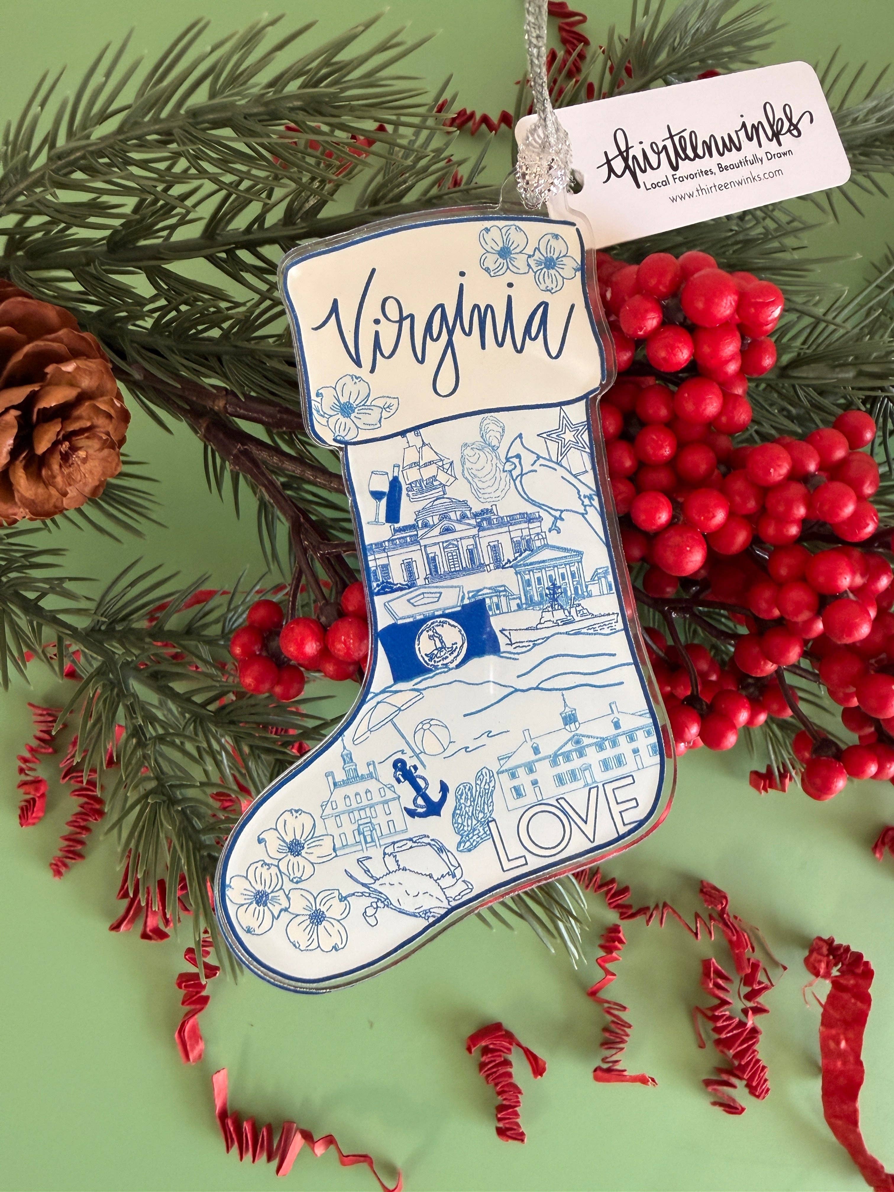 Thirteenwinks - Wholesale Ornament - Virginia Blue and White Stocking Acrylic Ornament - VA2