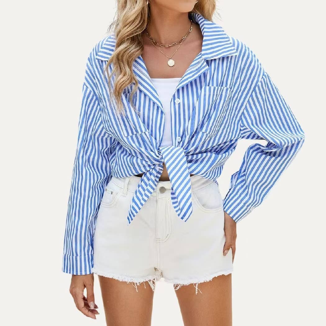 The Moment Collection - Wholesale Button Down Shirt - Women's - Classic Striped Print Collared Neck Button Up Boxy Shirt4