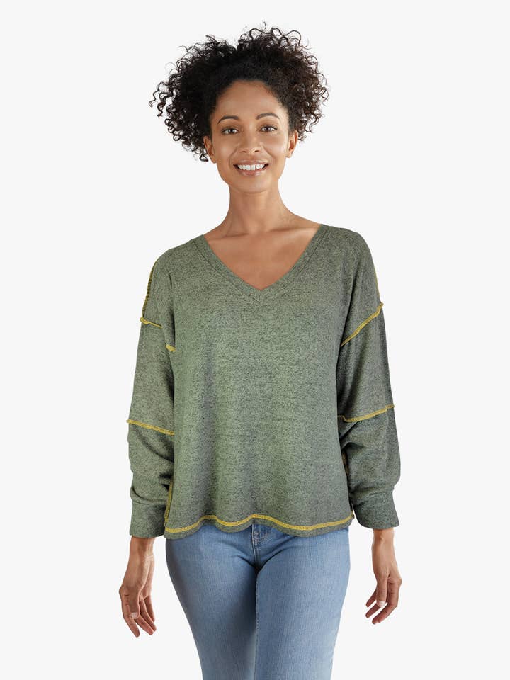 V Neck w/ Stitched Detail Yummy Top - Khaki Green (D190713) for wholesale by Dantelle Apparel