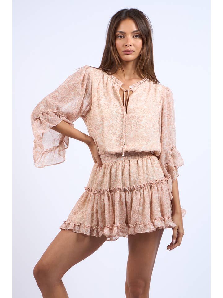Young Deer CANTALOUPE FLARE SLEEVE RUFFLE TIERED MINI DRESS for wholesale on Faire