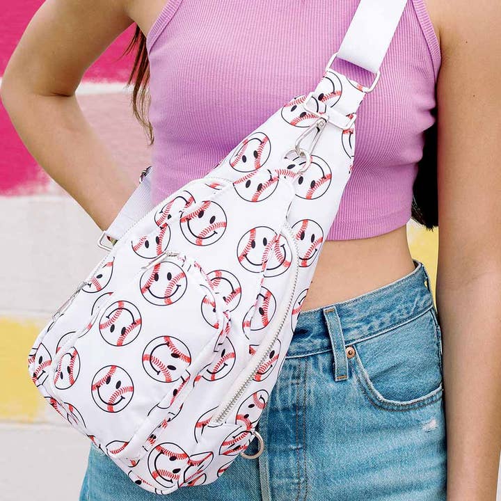 Baseball Happy Face Sling Bag Crossbody for wholesale by Katydid