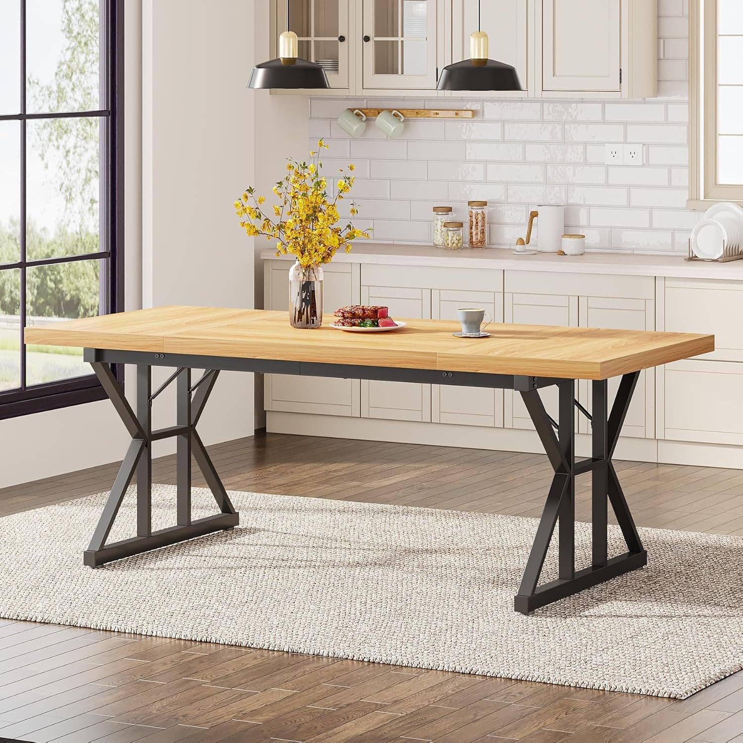Light Walnut Black Farmhouse Dining Table 70.8 Inch Wood With Metal Legs for wholesale on Faire2