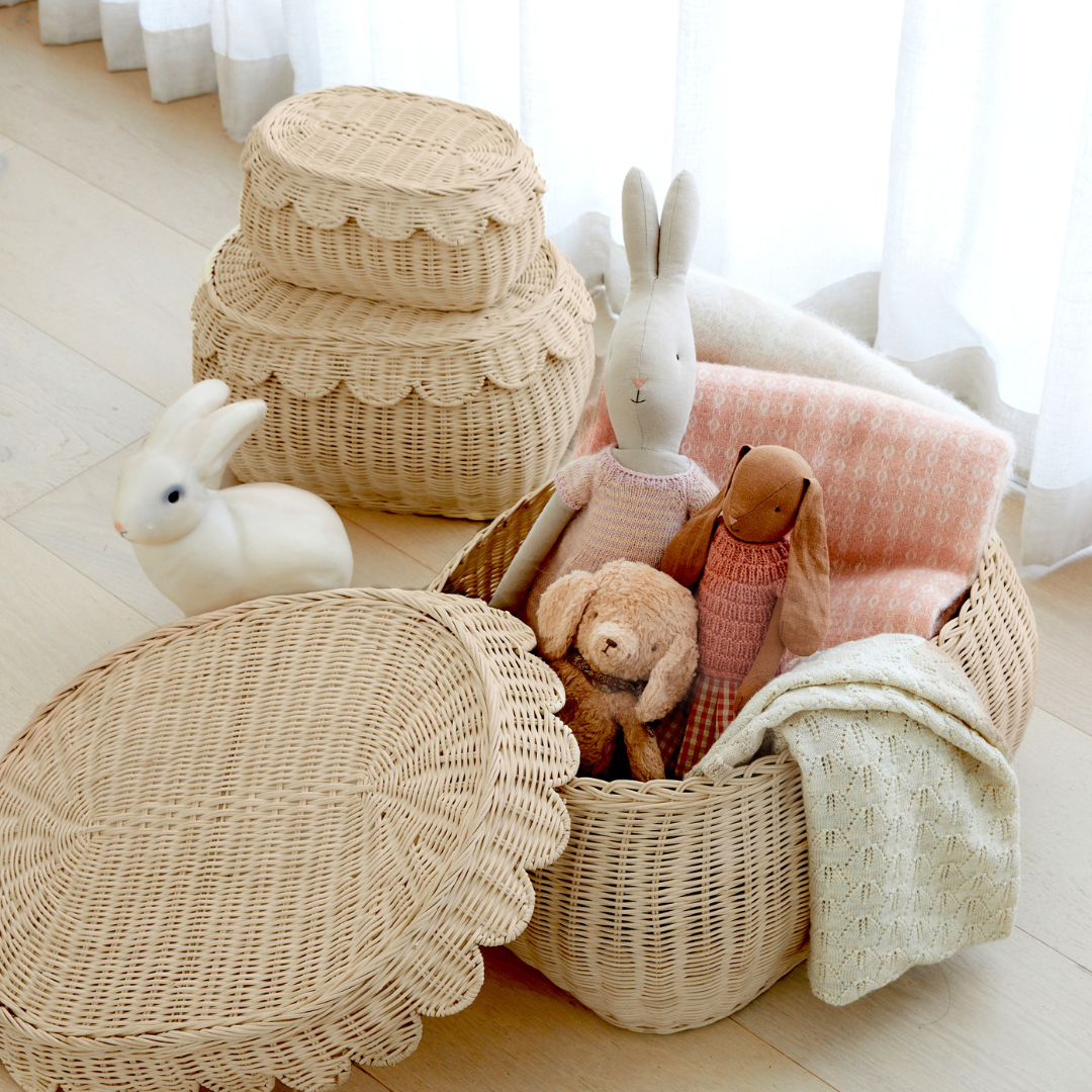 BEBE BASK® - Vendita all'ingrosso Cestino portaoggetti - Bambini e neonati - Set di 3 cestini in rattan Fauna con coperchio naturale3