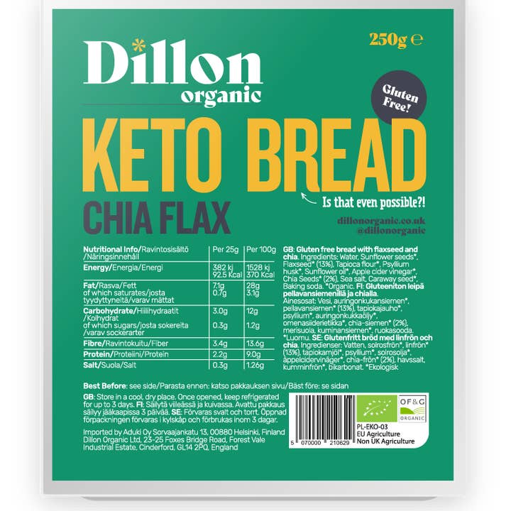 Dillon Organic - Wholesale Bread/tortilla - Chia Flax Keto Bread/Organic/Gluten Free/Vegan/Low Carb