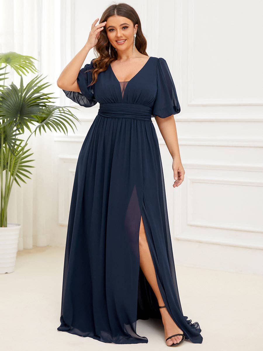 Ever-Pretty - Wholesale Gown - Women's - Plus Deep V Neck A Line Half Puff Sleeves Bridesmaid Dress9