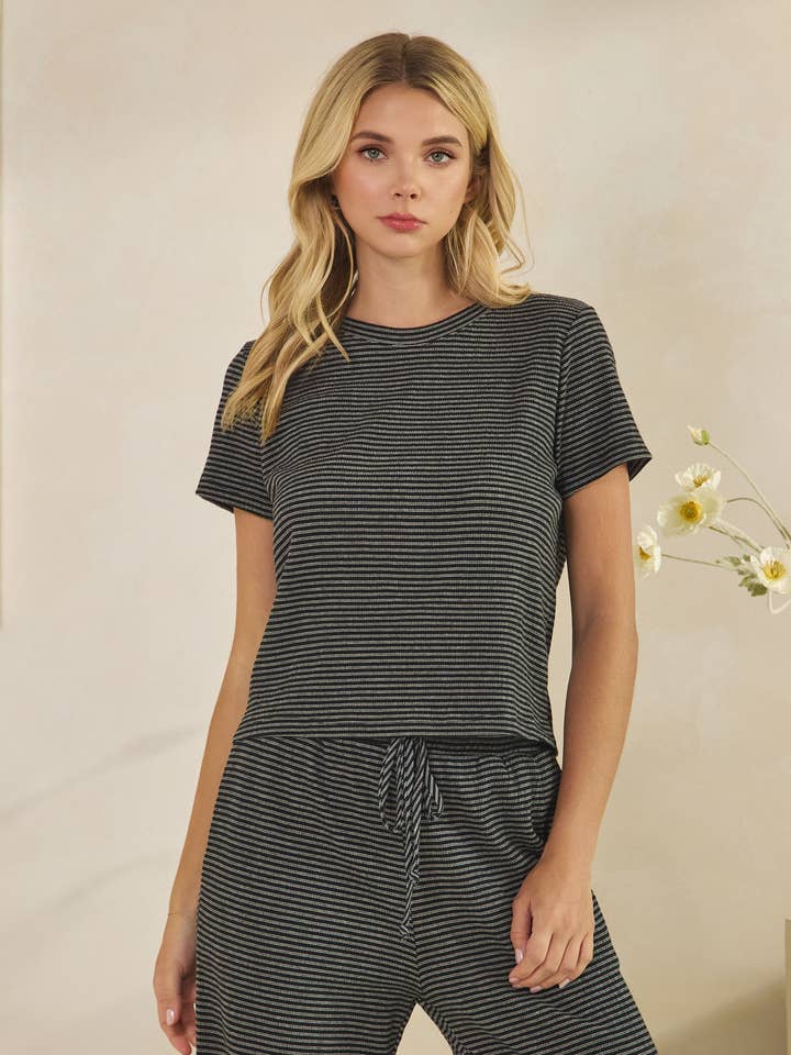 T-42062 - ROUND NECK STRIPE CRINKLE CROP TOP for wholesale by Tres Bien, Inc