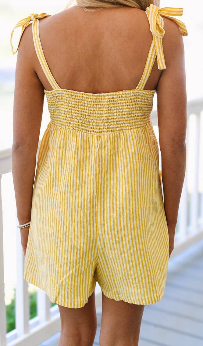 Jaune Combinaison décontractée à jambes larges avec bretelles à nouer et dos smocké à rayures en vente sur Faire1
