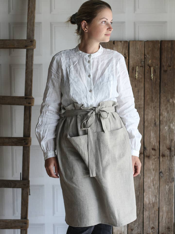 Linen waist apron, natural linen bistro apron kitchen for wholesale by The Raw Linen