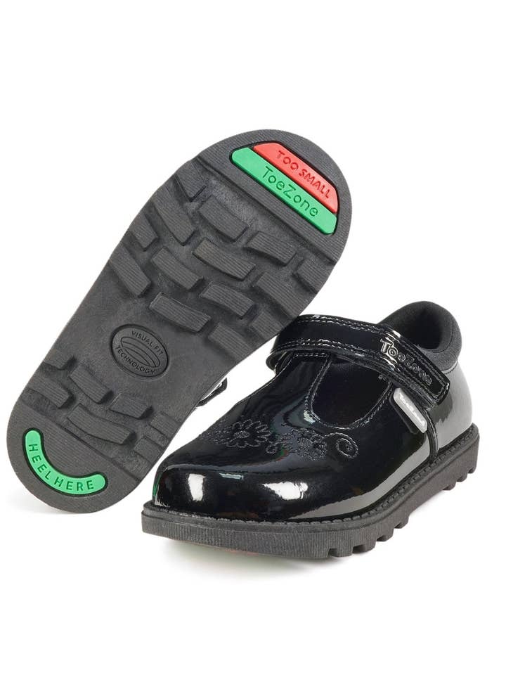 LAURA - Flower Detail Patent T Bar Rip Tape Fastening Shoe for wholesale by ToeZone