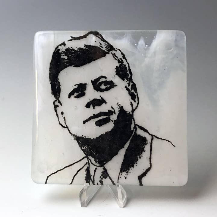 Kiku Handmade | Contemporary Fused Glass Home Goods - Wholesale Coasters - John F. Kennedy Fused Glass 4" Single Coaster2