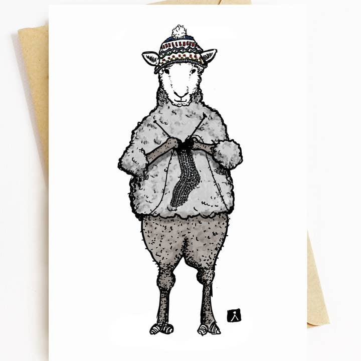 5x7 Greeting Card Of A Sheep Knitting From Her Own Wool for wholesale by Bellavance Ink