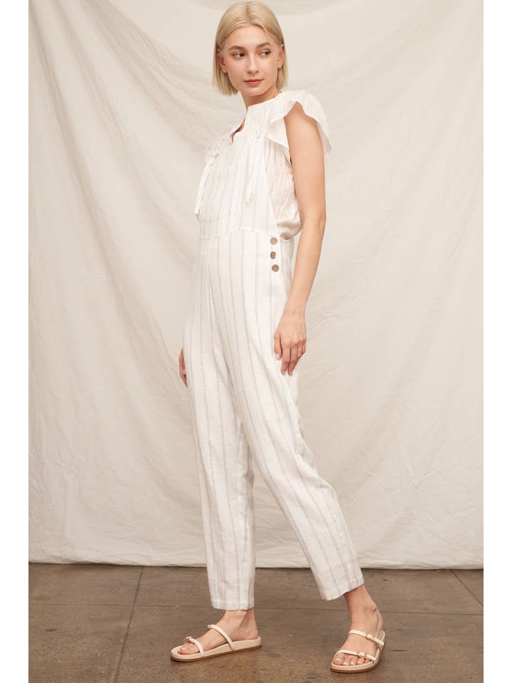 White Blue Cropped Striped Overall Jumpsuit for wholesale on Faire