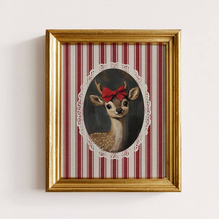 Striped Background Clarice Reindeer Art Print for wholesale by Paper House Print Shop