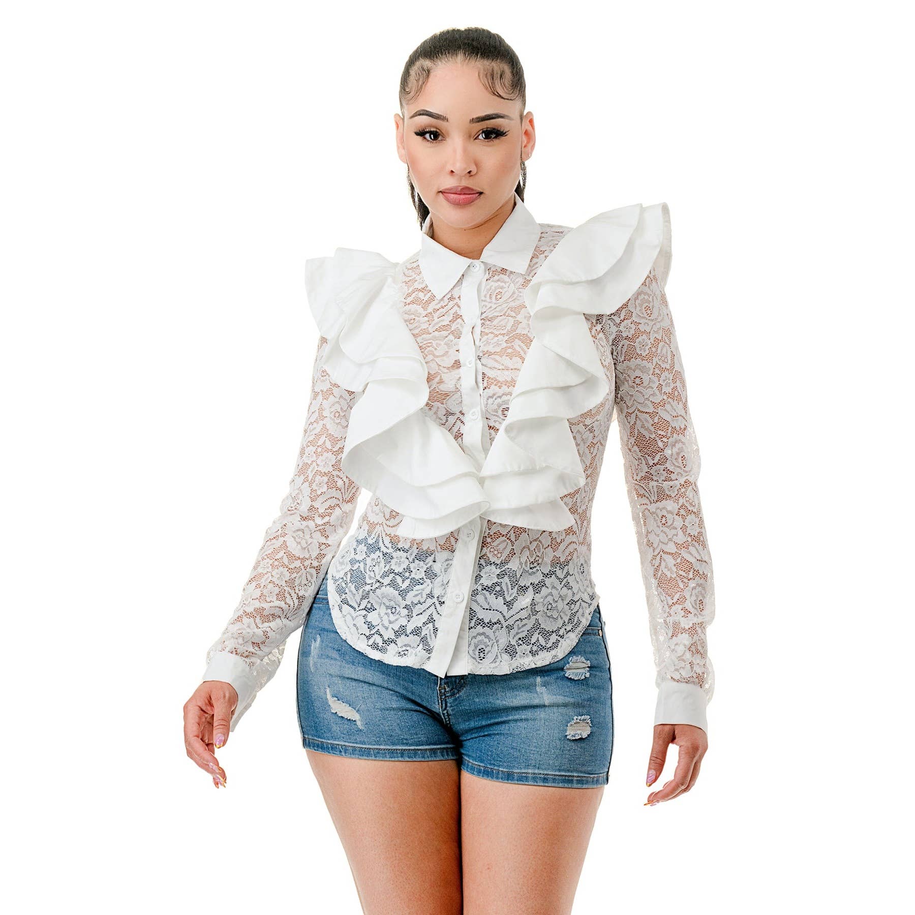 DORCAS - Wholesale Blouse - Women's - Plus Long Sleeve Ruffle Trim Lace Blouse Top3