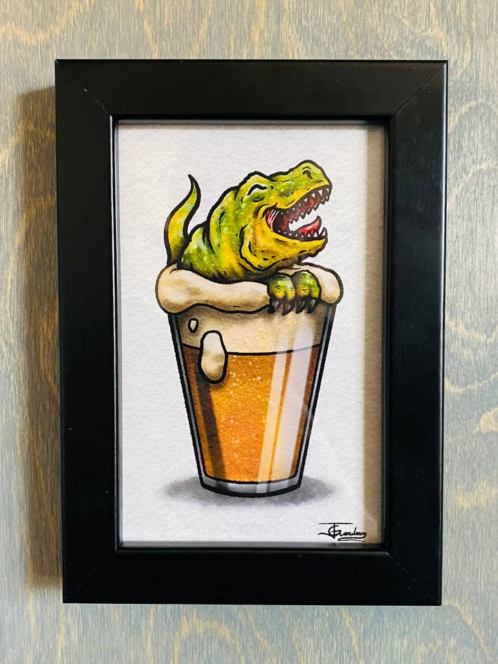 Tipsy TRex Ale, Drinking Buddy, Art Print for wholesale by Guerdrum Art
