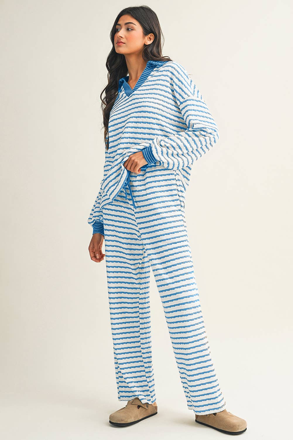 Little Daisy Closet - Wholesale Lounge Set - Women's -  LDC Stripe Collared Pullover Top and Drawstring Pant Set9