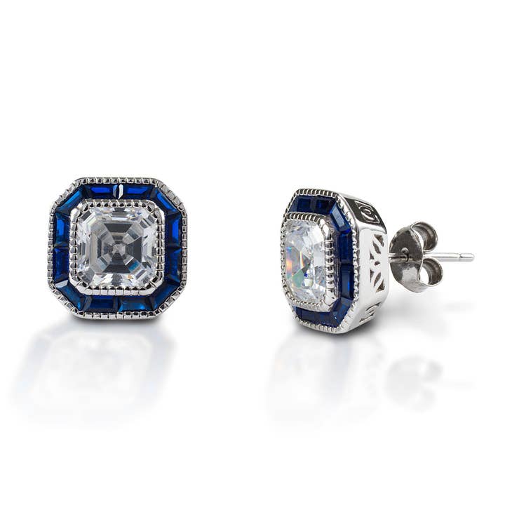 Kelly Herd Asscher Cut/Brinco Espinel Azul - Prata de 1ª Lei por atacado de Kelly Herd Jewelry