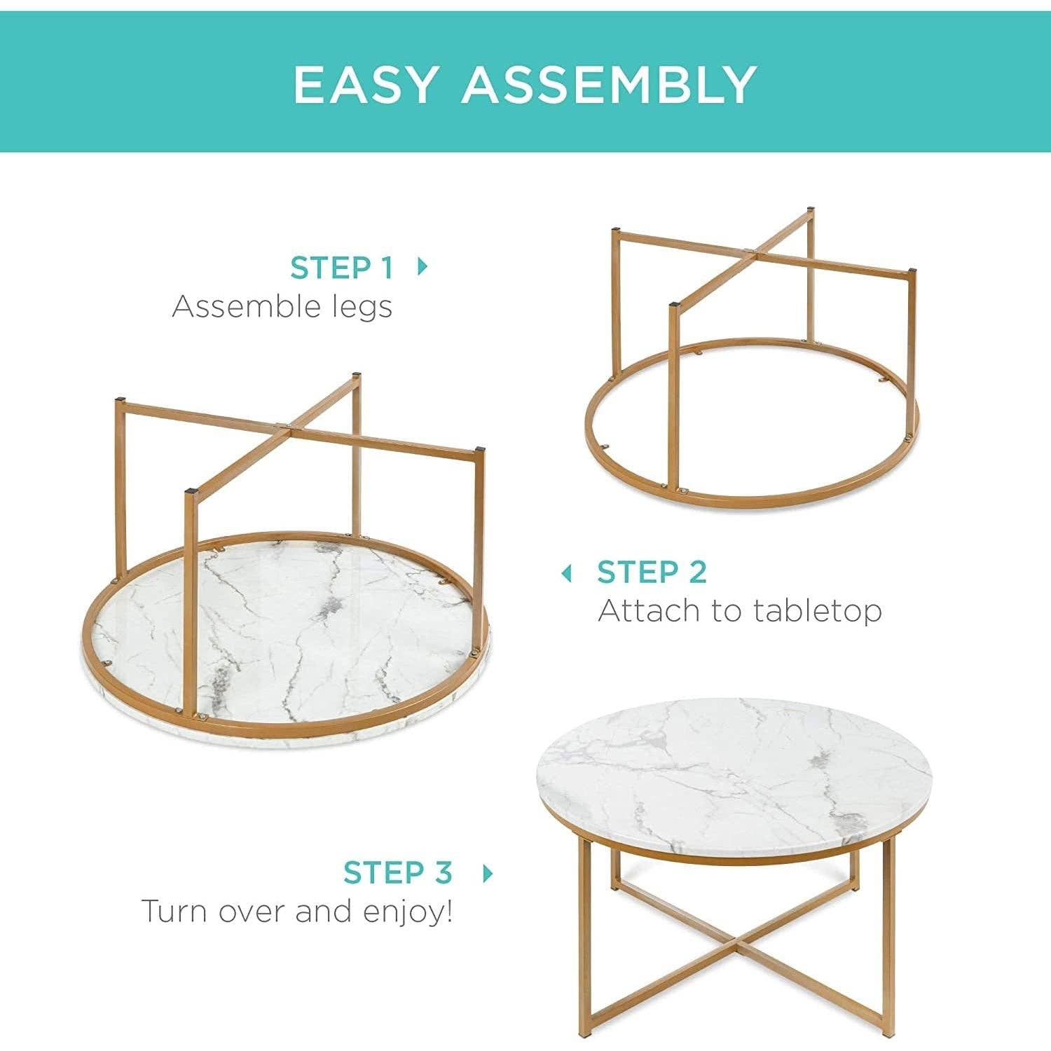 Gold Round Coffee Table With Faux Marble Top Cross Leg Design for wholesale on Faire5