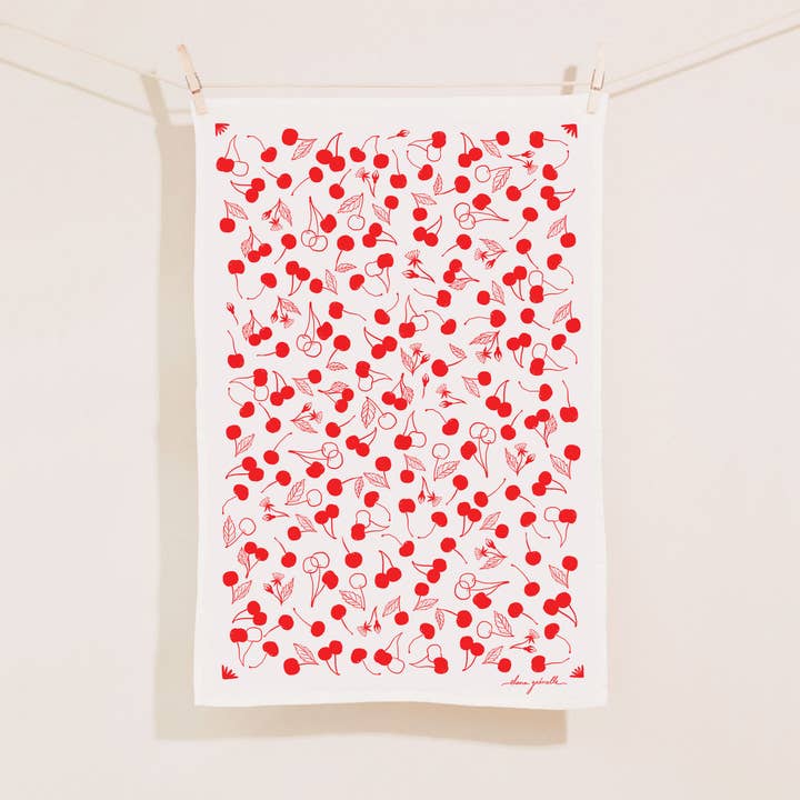 Cherries Linen Tea Towel - Spring and Valentines Design for wholesale by Elana Gabrielle