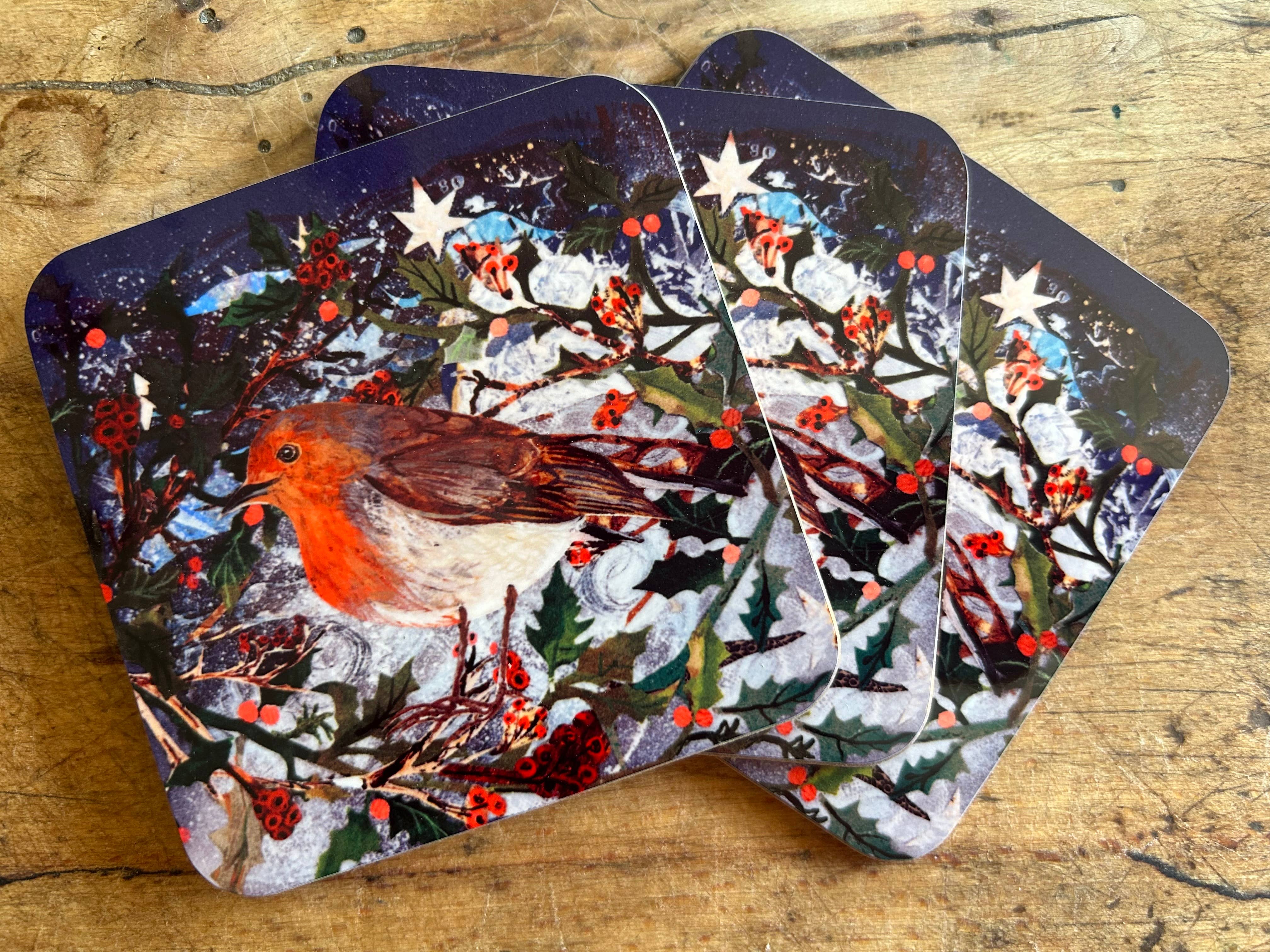 Clare O’Neill Artworks - Vente Sous-verre - Dessous de verre brillant Festive Robin1