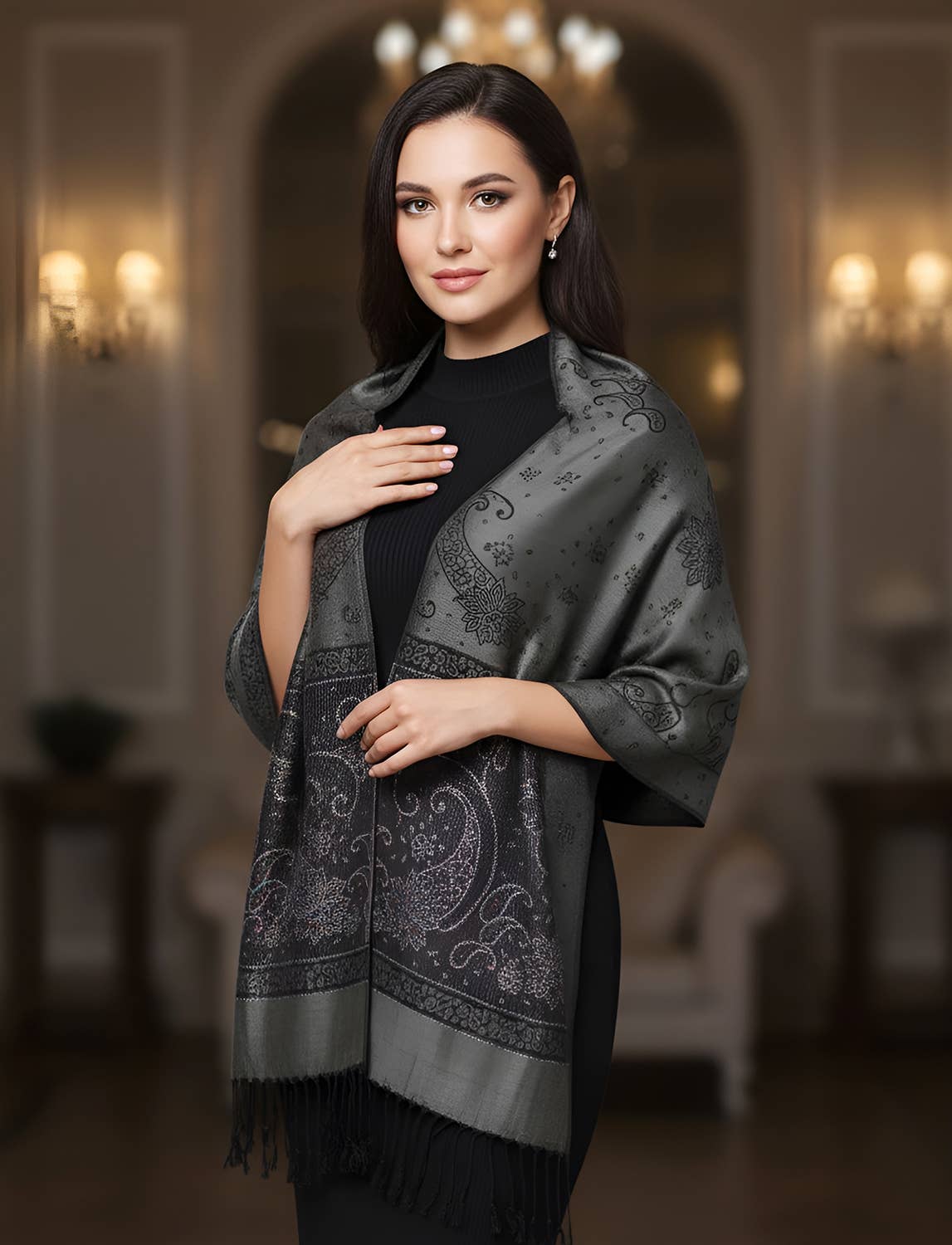 SERENITA - Wholesale Scarf - Women's - Lurex Section Metallic Paisley Pashmina Shawl Wrap Scarf13