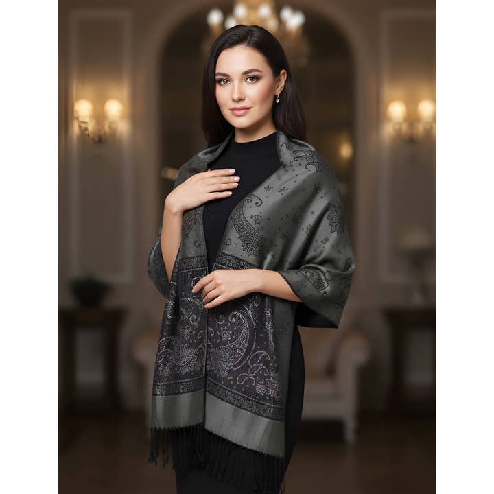 SERENITA - Wholesale Scarf - Women's - Lurex Section Metallic Paisley Pashmina Shawl Wrap Scarf13