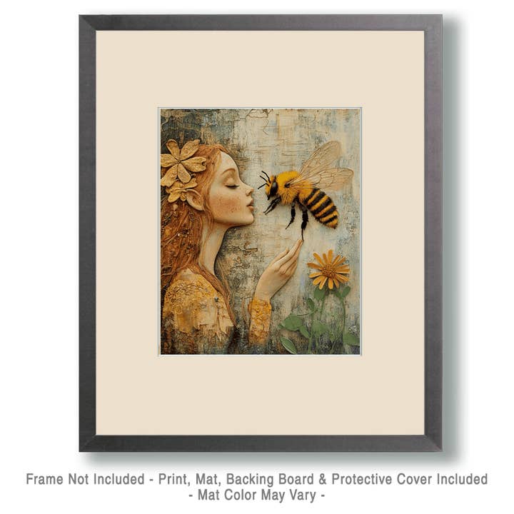 Mowbi - Vendita all'ingrosso Stampa artistica - Arte Popolare Fata che Parla con un'Ape - Stampe d'Arte Muro Miele & Ape – Opera d'Arte 8″x10″ per Cornice 11″x14″