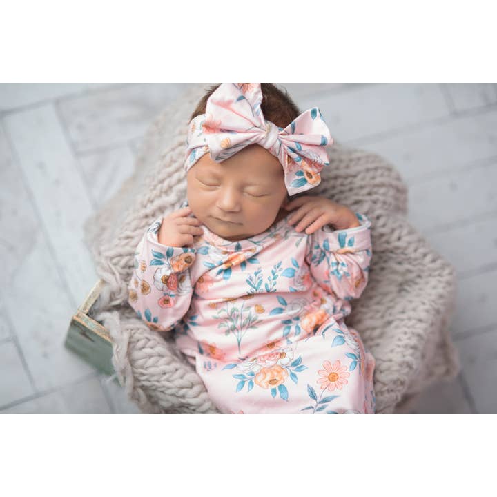 Adorable Sweetness - Wholesale Babygown Set - Baby - Infant Girls Pink Botanical Baby Gown and Bow Headband