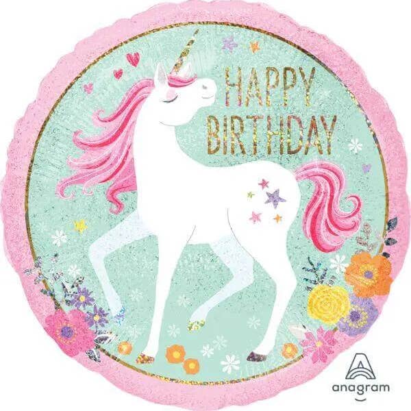 Anagram - 18" Magical Unicorn Happy Birthday Holographic Mylar Balloon for wholesale by Party Expo, LLC