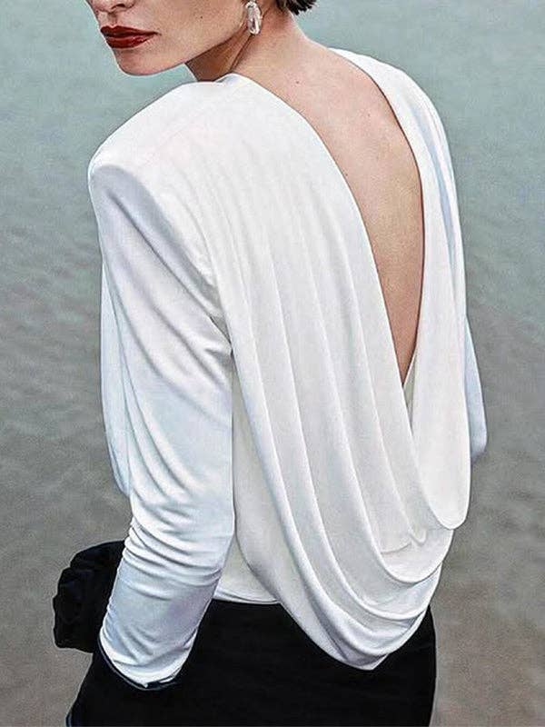 OceanusSwim – wholesale Blouse – Women’s – Long Sleeves Backless Shoulder Pad Solid Color Round-Neck Blouses&Shirts Tops1