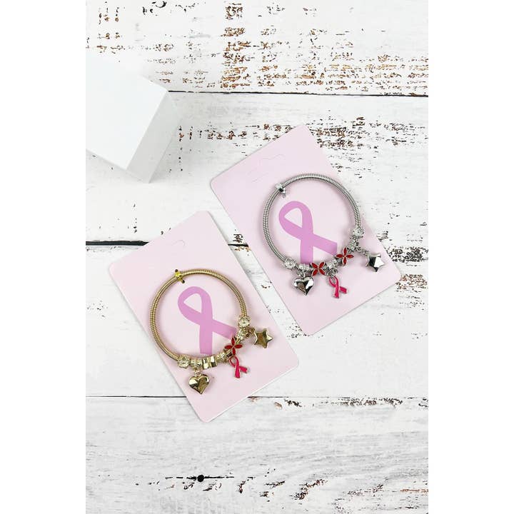 ASSORTED BREAST CANCER AWARENESS PINK RIBBON CHARM BANGLE BRACELET for wholesale on Faire4