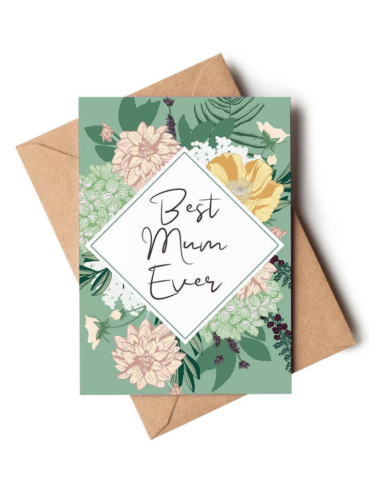 Best Mum Ever Mint Green Blush Pink Floral Mother's Day Card for wholesale by Wildwood Paper