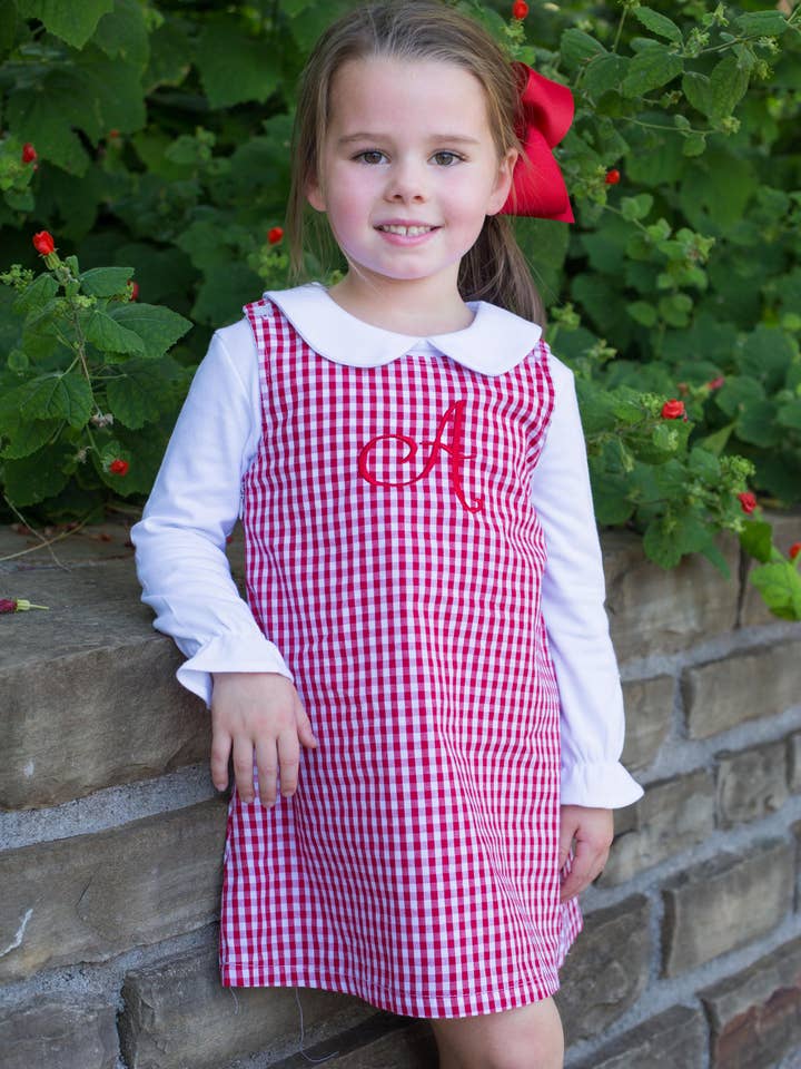 Two Button Jumper Dress - RED GINGHAM for wholesale by Love That Cotton