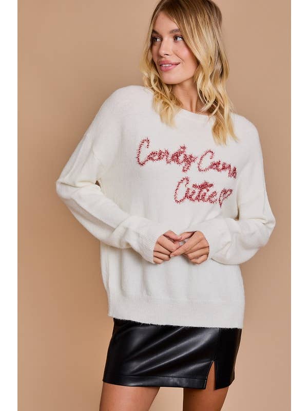 Cream Round Neck 'candy Cane Cutie' Novelty Sweater for wholesale on Faire