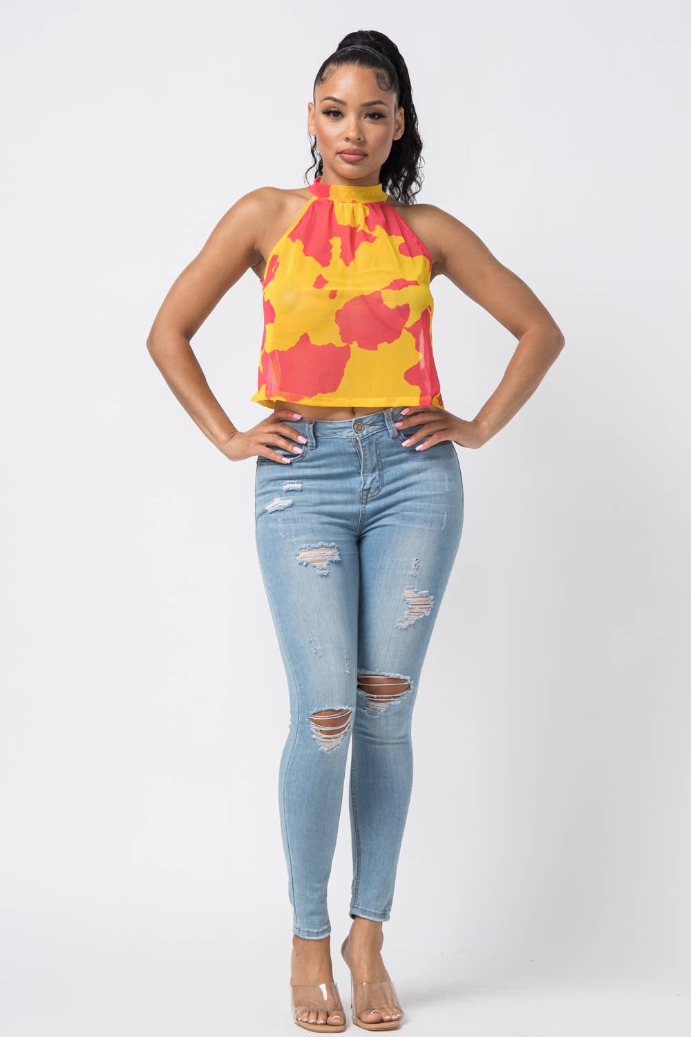 Giallo-Rosso Top senza maniche con scollo all'americana e stampa in vendita all'ingrosso su Faire4