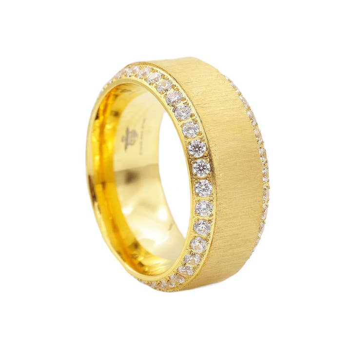 Men's Gold Satin Stainless Steel Cubic Zirconia Band Ring for wholesale by Blackjack Mens Jewelry
