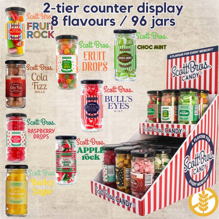 2-Tier Counter Display #1 - 96 Jars / 8 Flavours for wholesale by Scott Bros. CANDY