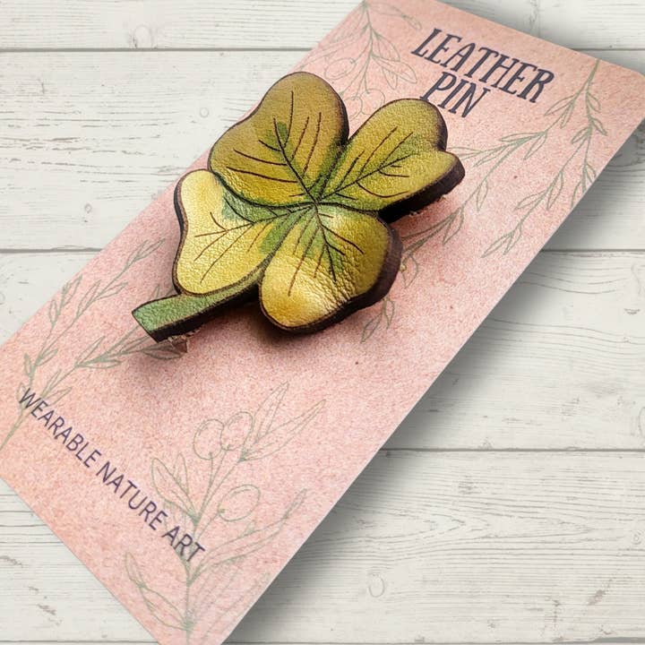 Wyrd & Witchy Art - Wholesale Brooch - Four Leaf Clover Leather Pin0