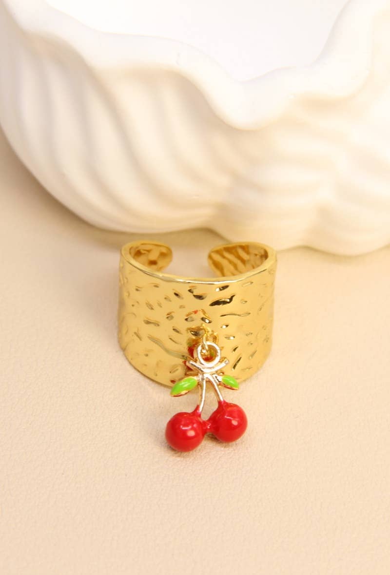 Red Adjustable Multicolor Stainless Steel Cherry Charm Ring for wholesale on Faire1