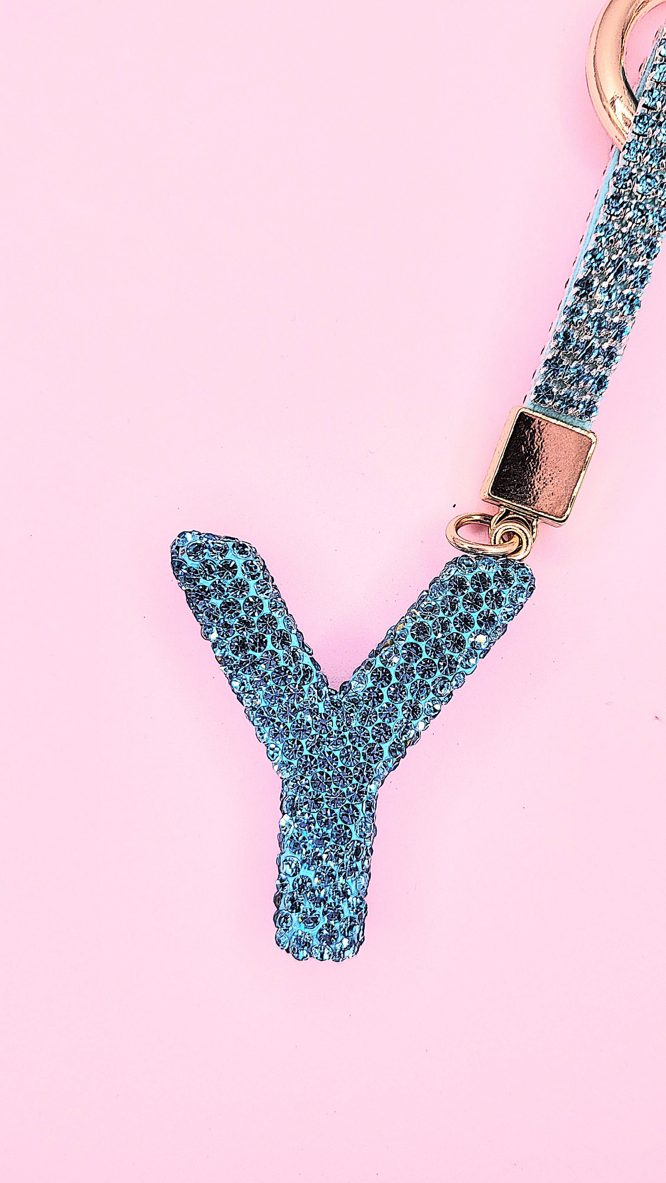 Silver Initial Letter Blue Crystal Key Ring & Bag Charm for wholesale on Faire23