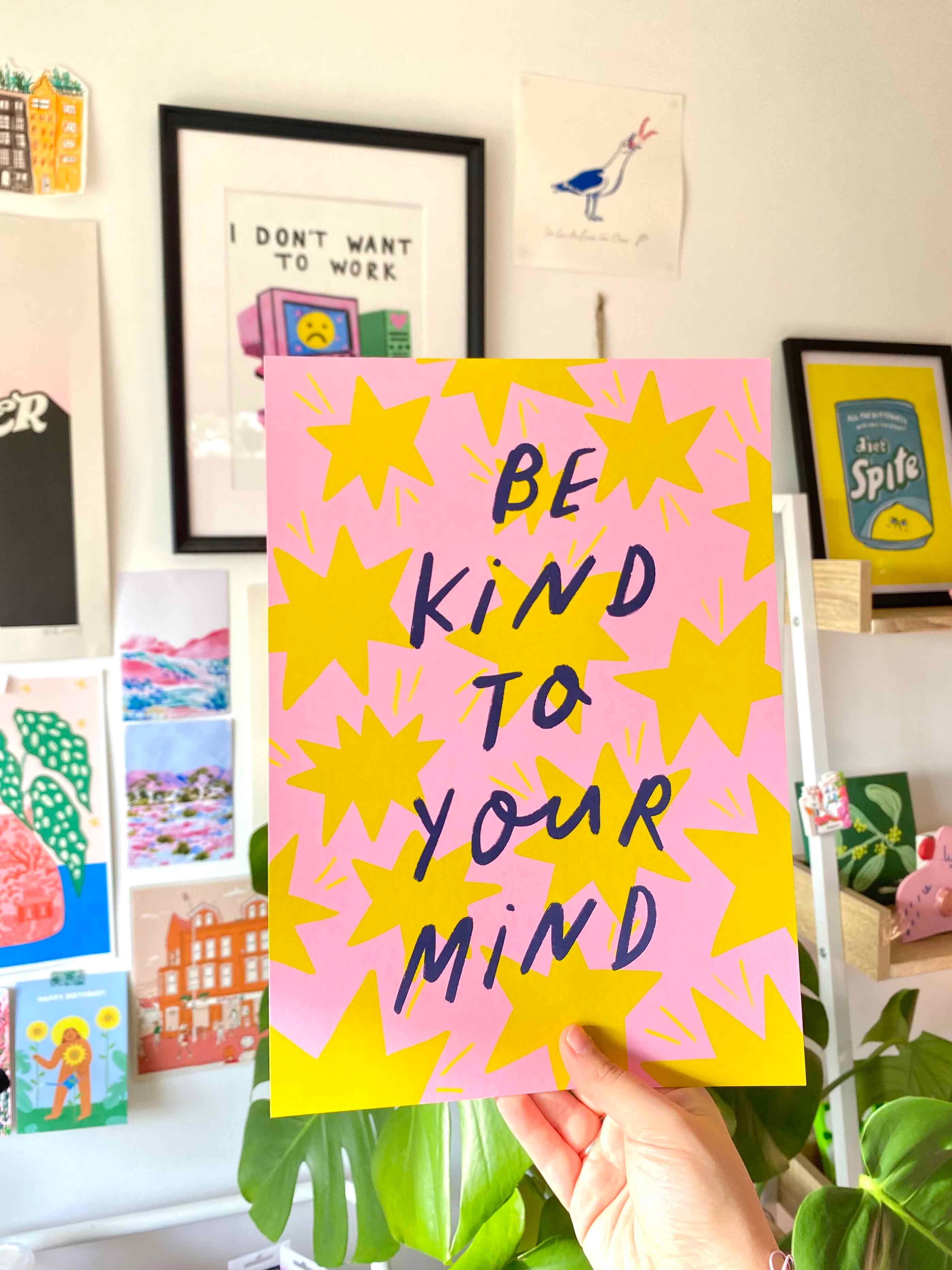 Kerrie Illustrates – wholesale Konsttryck – Var Snäll Mot Ditt Sinne Positivt Citat Konsttryck | Positivitet Välbefinnande Väggdekoration Udda Slogan Djärva Stjärnor3