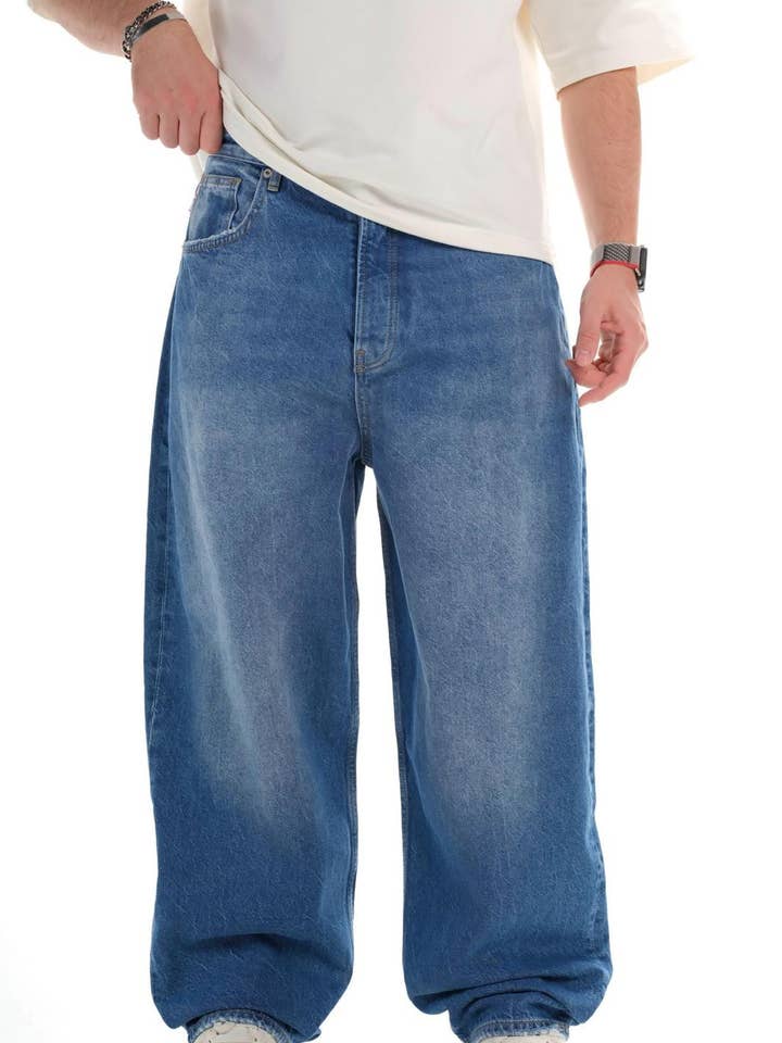 Monocloth - Wholesale Jeans - Men's - Blue Washed Wide Leg Jeans 10300