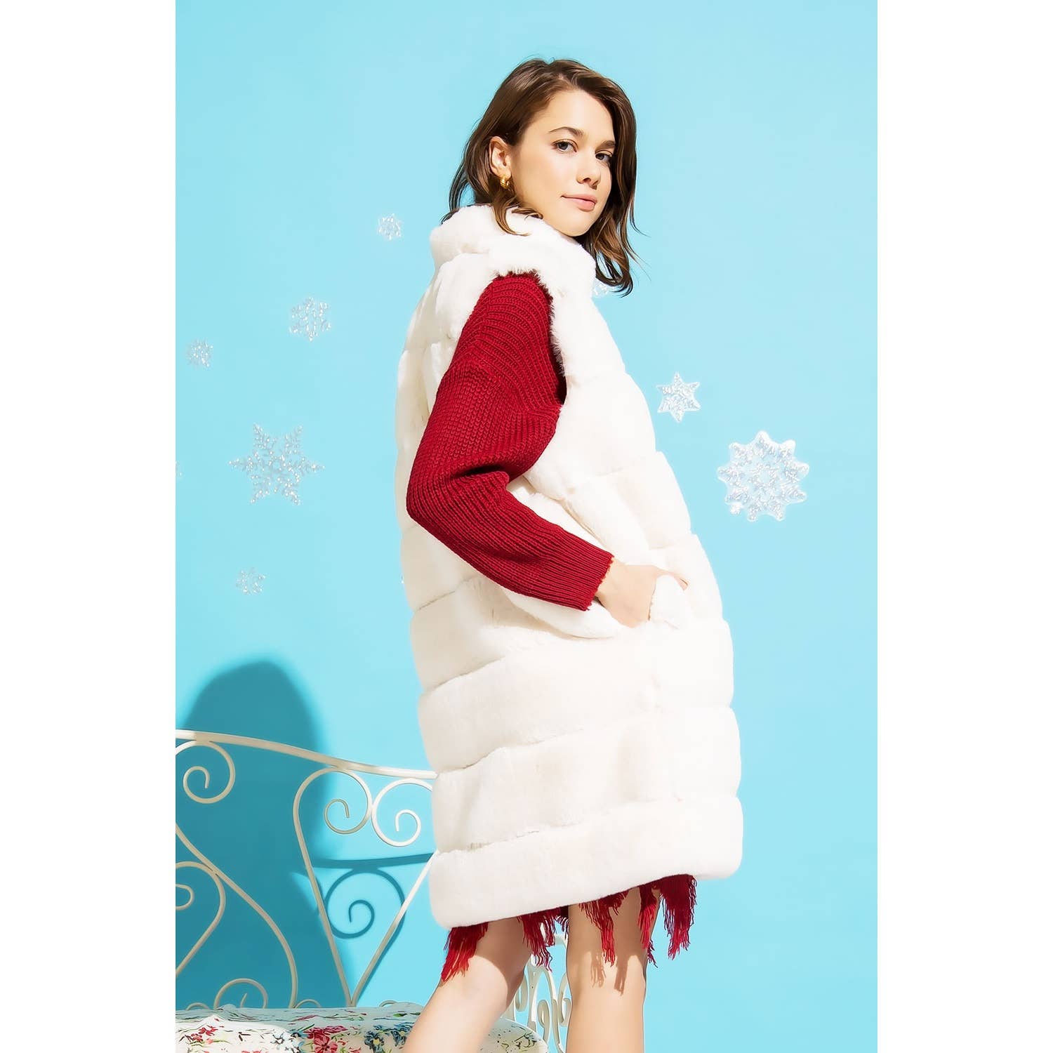 Sweet Generis - Vente Veste sans manches – femme - GILET BOUFFANT LONG EN FOURRURE À COL MONTANT12