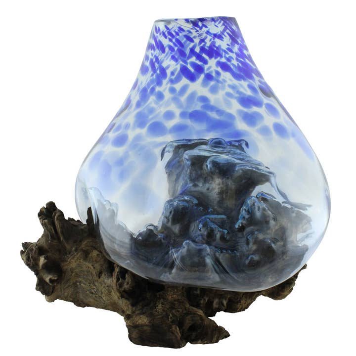 Cohasset Gifts - Wholesale Sculpture - 33cm Blue Sports Cohasset Molten Glass & Wood Sculpture