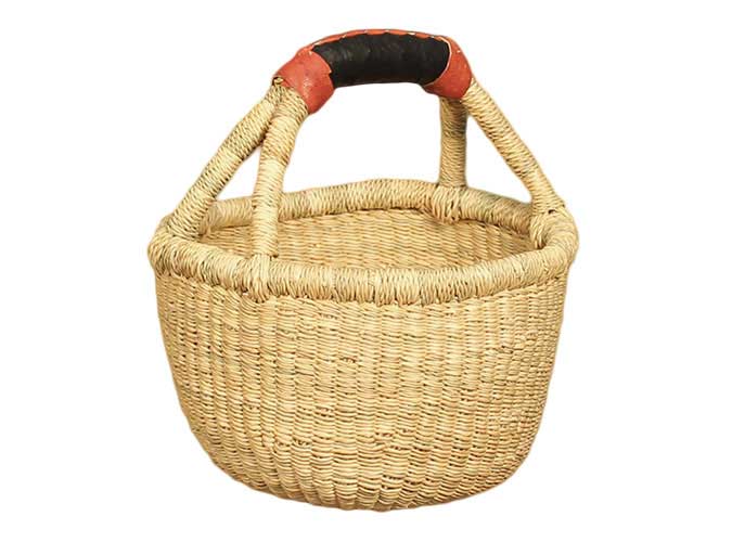 African Market Baskets - Wholesale Basket - African Bolga Baskets : Nat. Mini Round w/Leather (G-149AN)2
