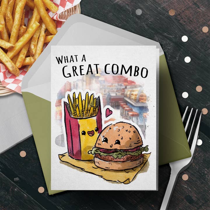 Carte d'anniversaire « Great Combo » - Burger Saint-Valentin, amour, anniversaire pour la vente par Aaron Millard Illustration