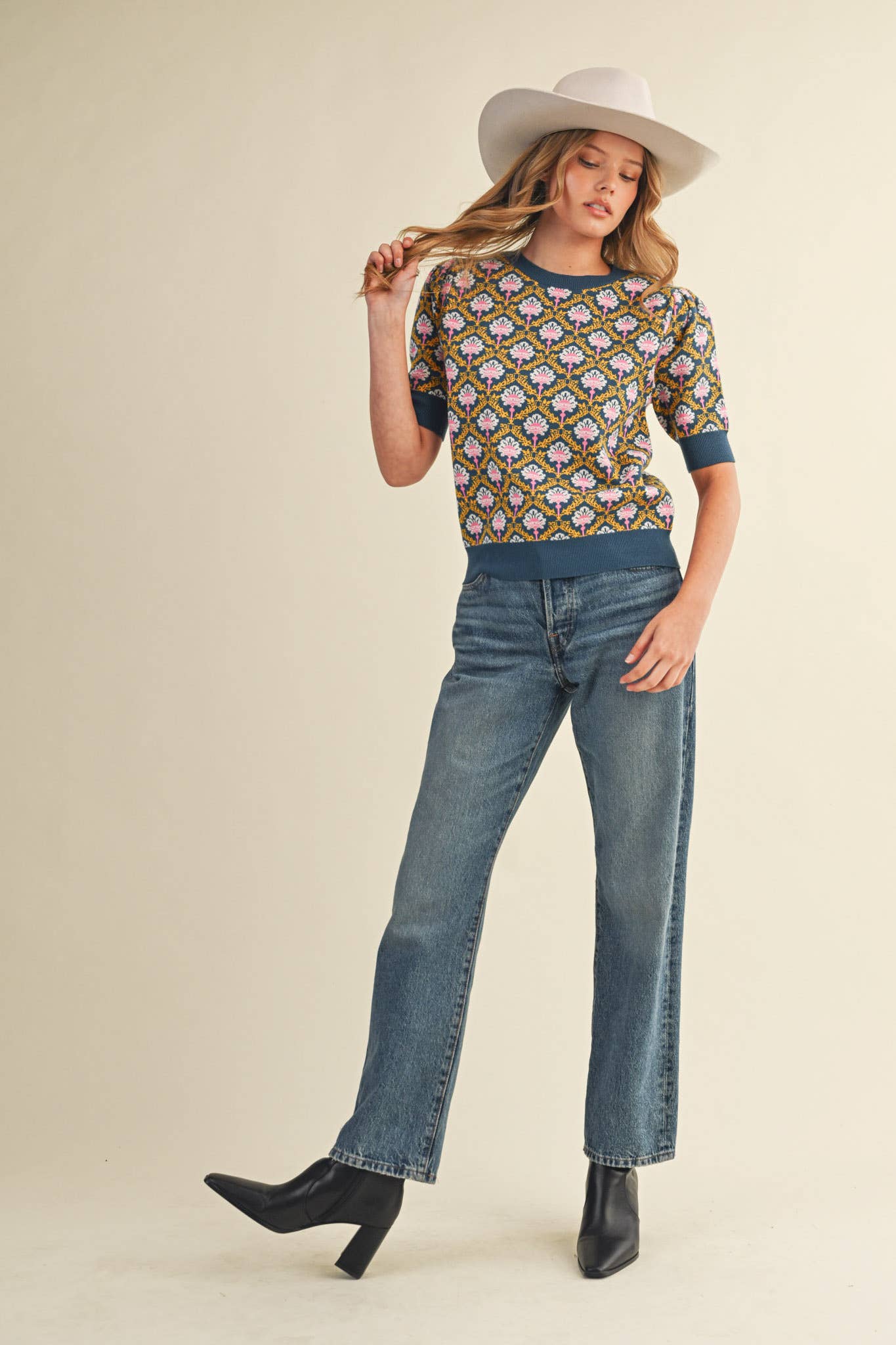 &MERCI - Wholesale Knit Sweater - Women's - FLORAL PATTERN SHORT SLEEVE SWEATER MSW1086018