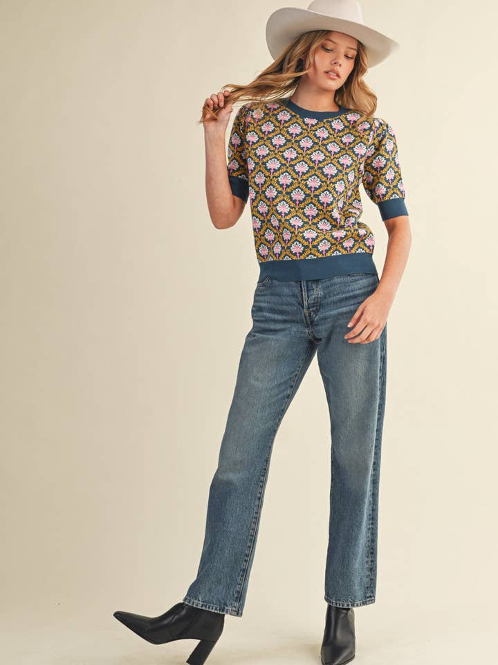 &MERCI - Wholesale Knit Sweater - Women's - FLORAL PATTERN SHORT SLEEVE SWEATER MSW1086018