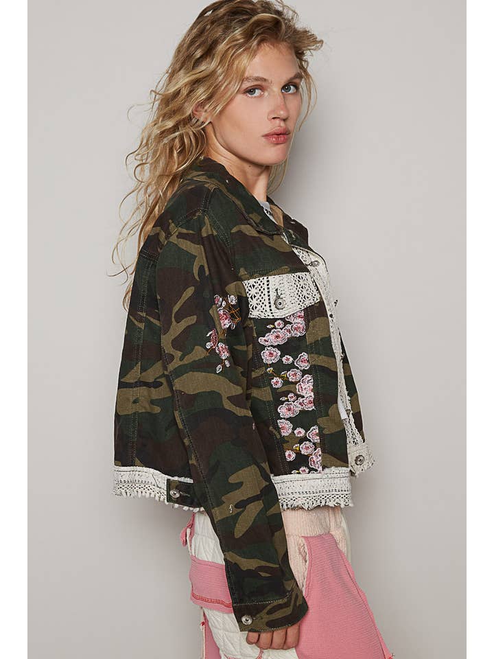 Pol Clothing - Wholesale Jacket - Women's - Vintage washed back flower patch printed jacket